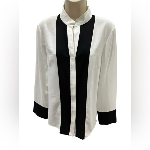 Misook Black and White chiffon hidden bottom down Blouse - Picture 1 of 7